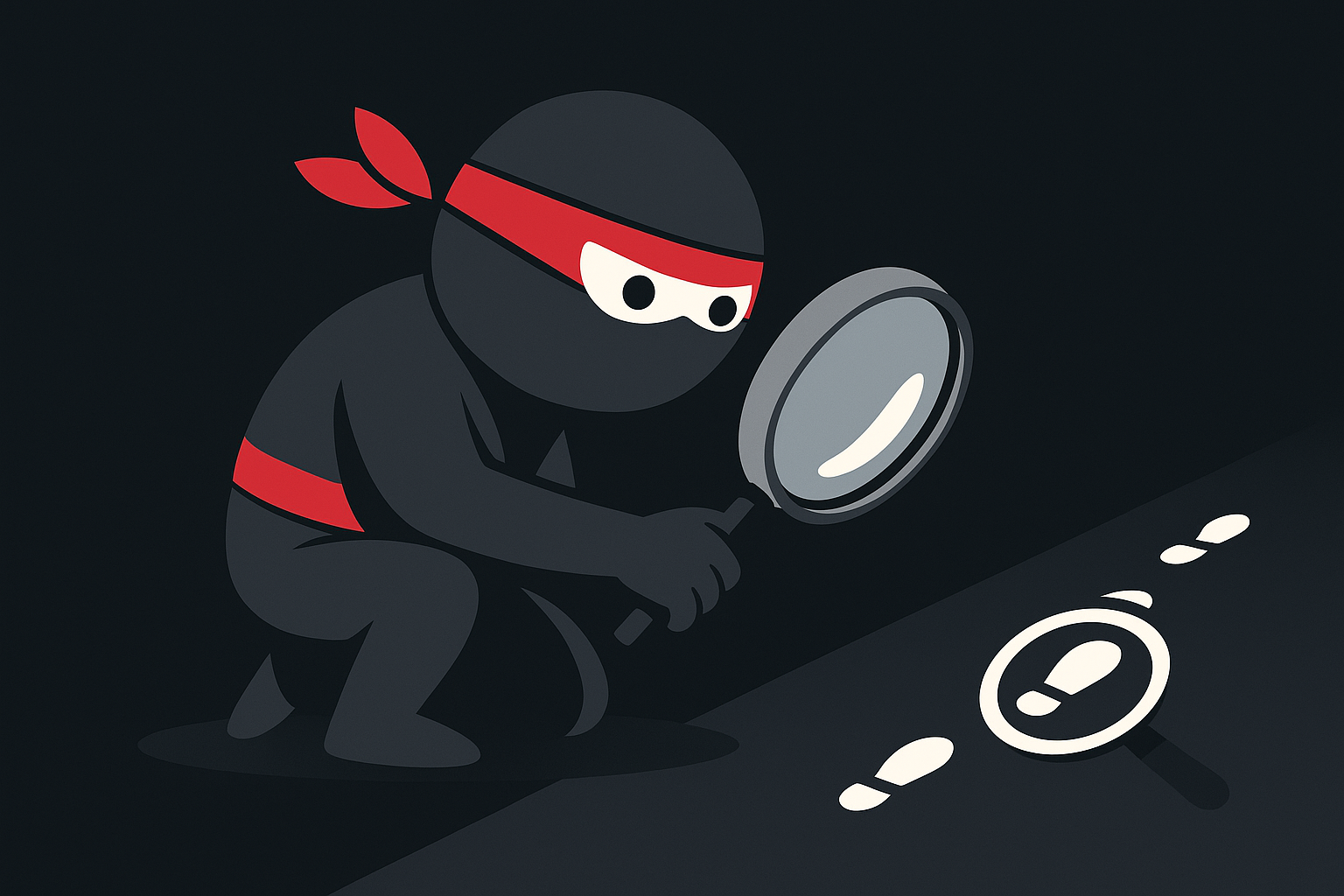 Ninja following a trail of footprints through a magnifying glass